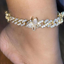 Load image into Gallery viewer, Cuban Link Chain Butterfly Anklet with CZ Rhinestones (3 colors)